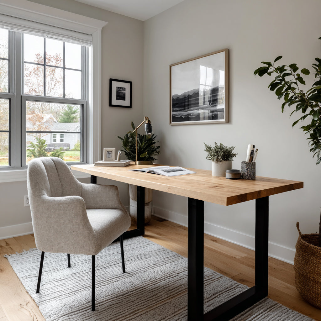 Modern home office with wooden desk, chair, and decor