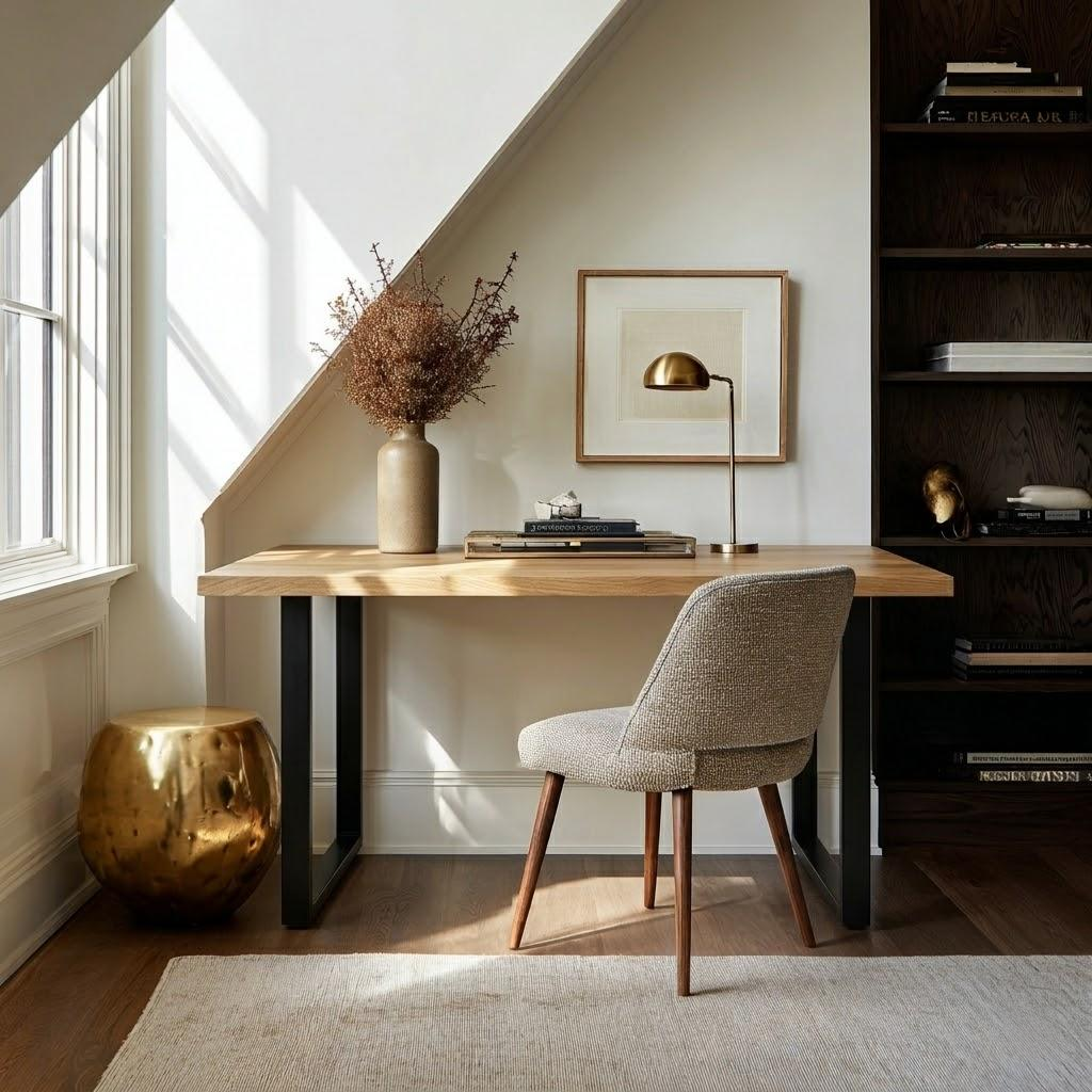 Modern home office with a wooden desk, chair, and framed artwork.