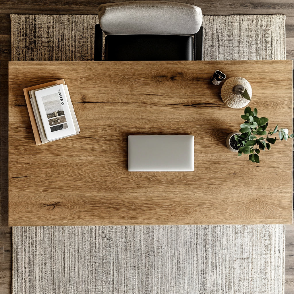 A top down view of an oak desk