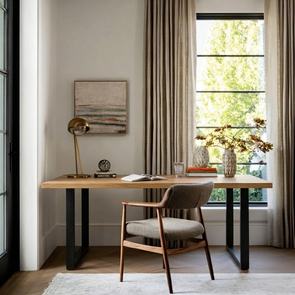 Modern home office with a wooden desk, chair, and framed artwork.