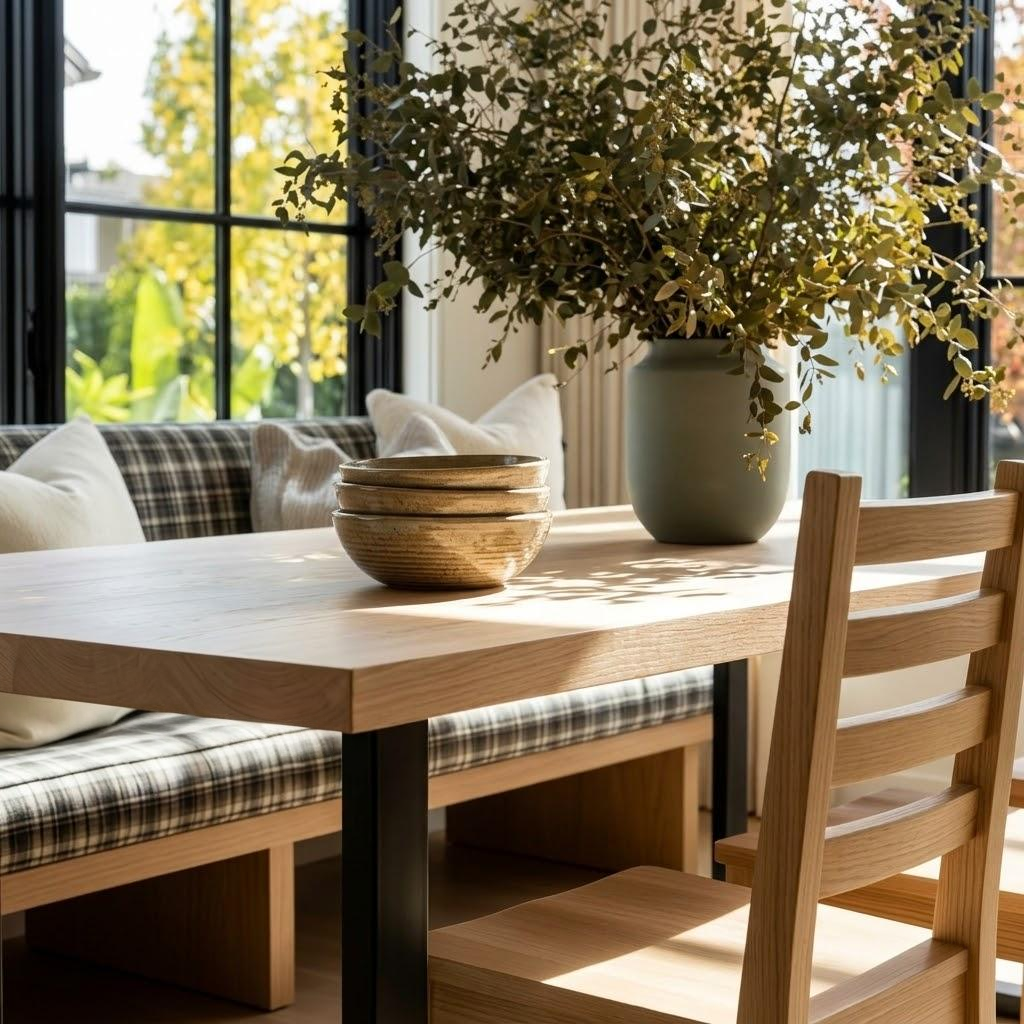 Close up view of a wooden dining table in a well furnished home