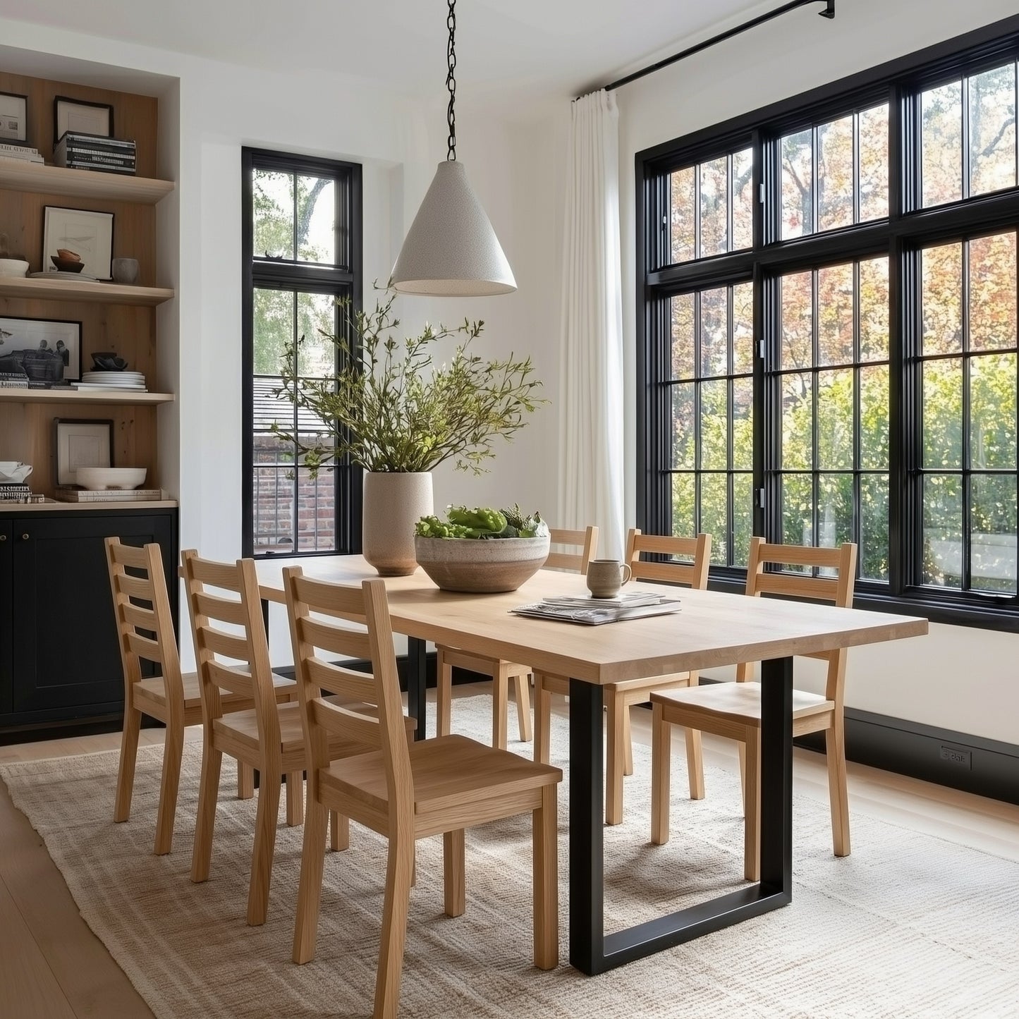 Dining room with wooden table and chairs near large windows