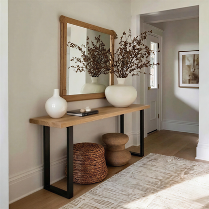 Console table with decorative items in a home interior