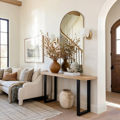 Console table with decorative items in a home interior