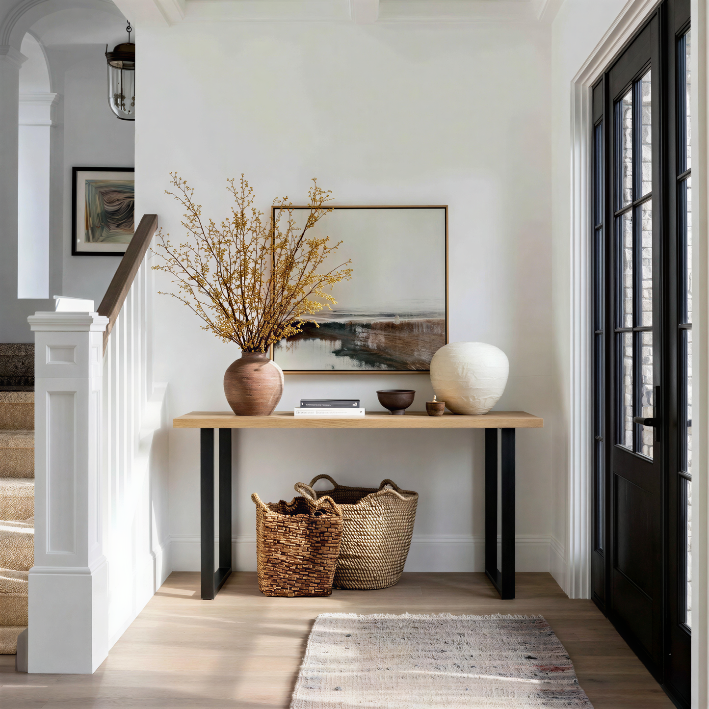 Console table with decorative items in a home interior