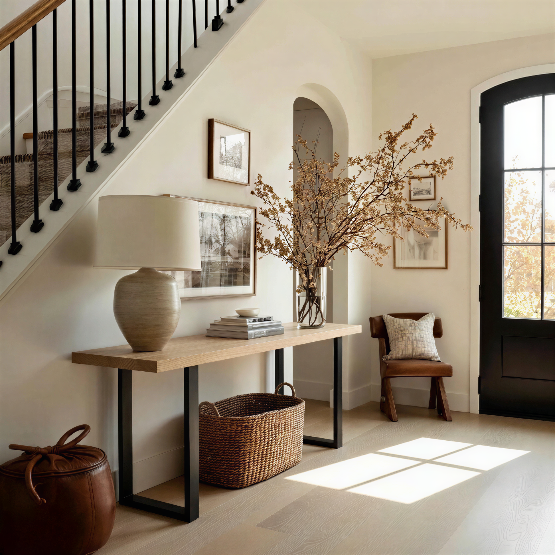 Console table with decorative items in a home interior