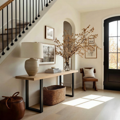 Console table with decorative items in a home interior