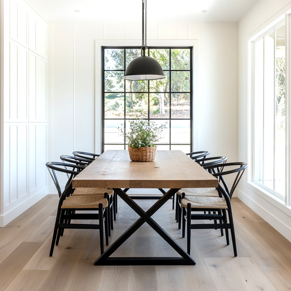 Oak dining table with black metal x legs in a well lit dining room with rattan chairs and large windows
