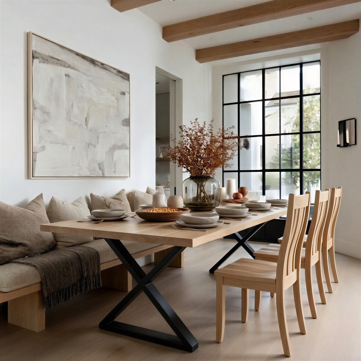Modern dining room with wooden table and chairs, neutral decor, and large window.