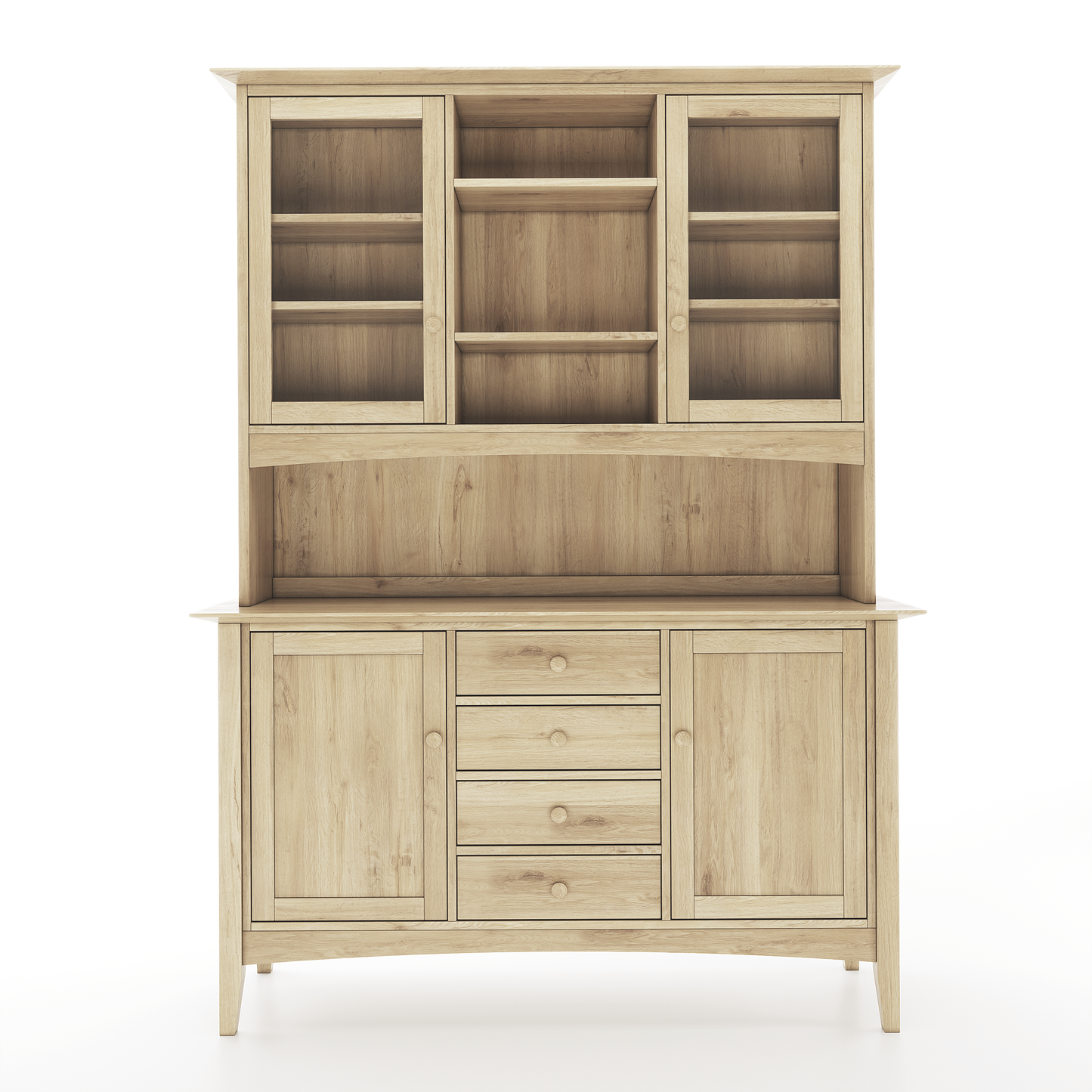A hutch made of oak featuring 2 doors with windows, a middle shelf, 4 lower drawers, and 2 lower doors without windows on a white background