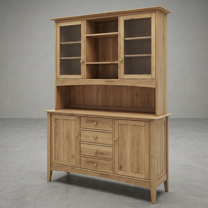 Wooden cabinet with glass doors and drawers on a gray background