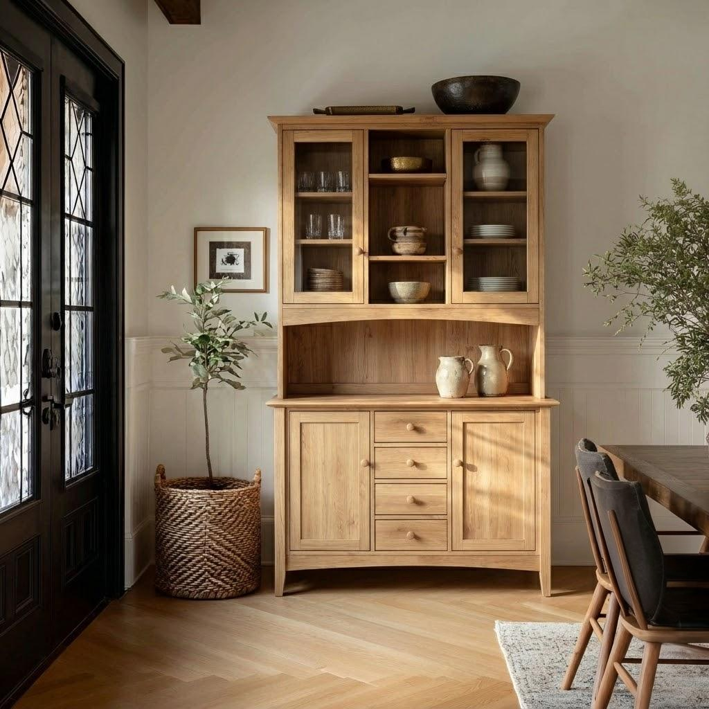 Wooden hutch with shelves and drawers in a room with a door and dining table.