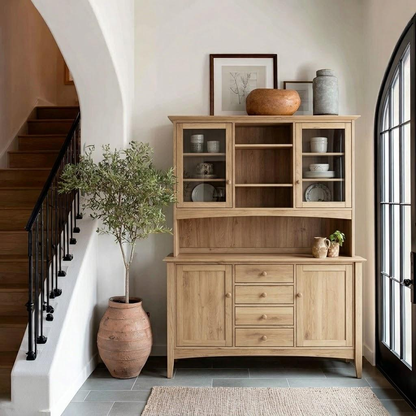 Wooden cabinet with decorative items in a home setting