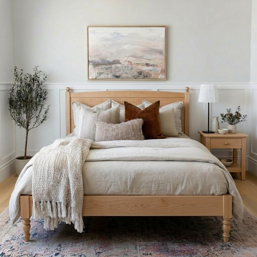 Wooden bed in a bedroom with plants and framed picture on the wall.