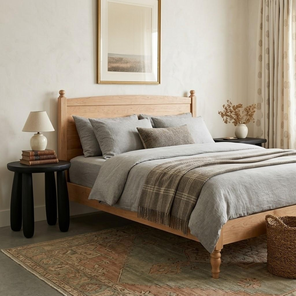 Wooden bed in a bedroom with plant and framed picture on the wall.