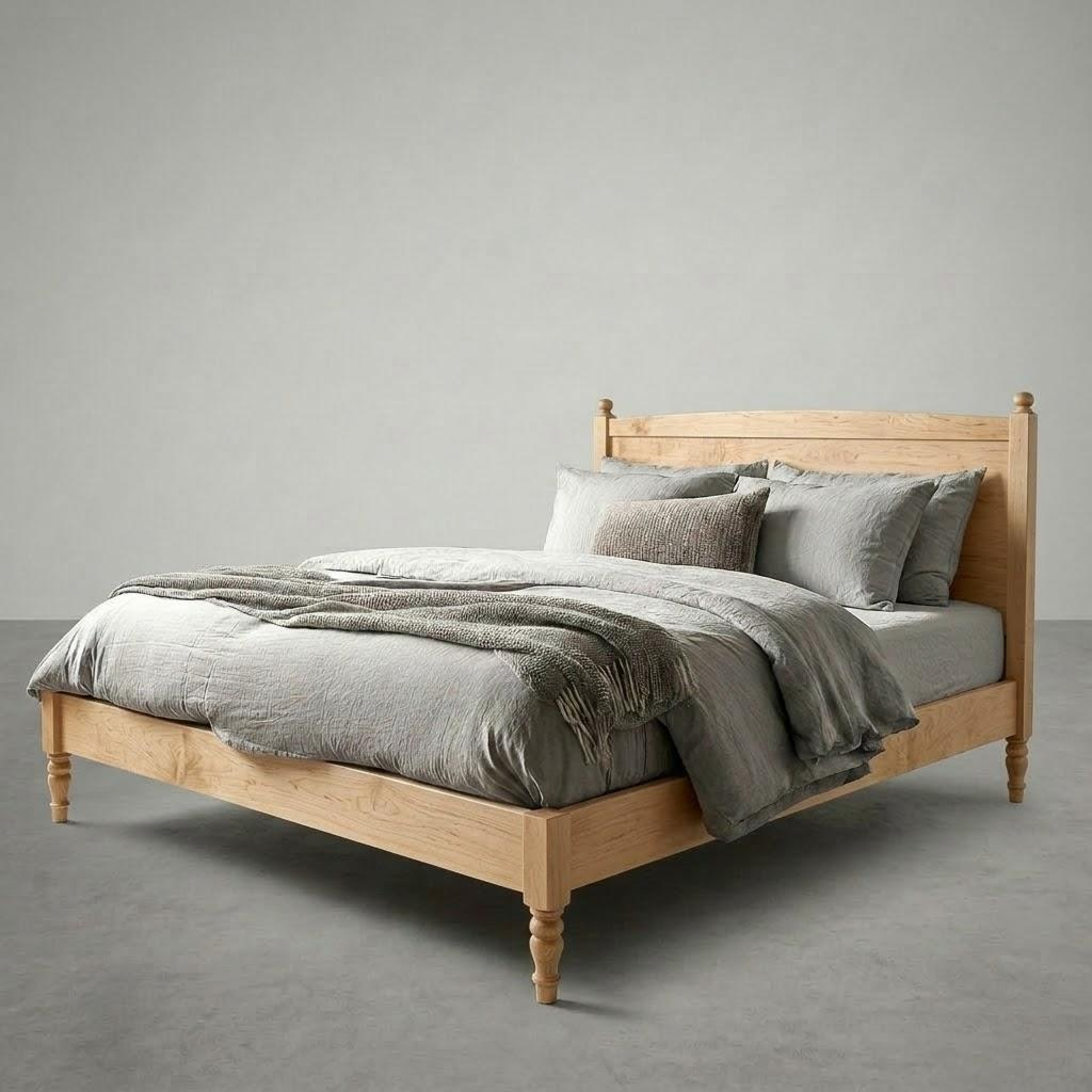 Wooden bed with white bedding against a gray background