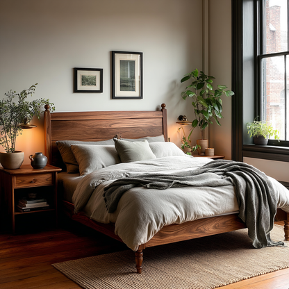 Wooden bed in a bedroom with plants and framed pictures on the wall.
