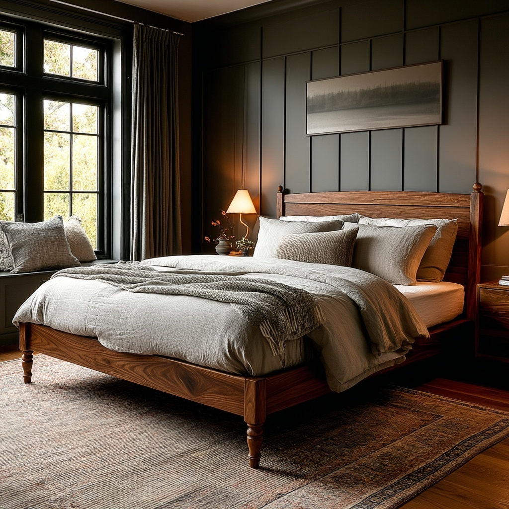 Cozy bedroom with wooden bed, soft lighting, and decorative elements.