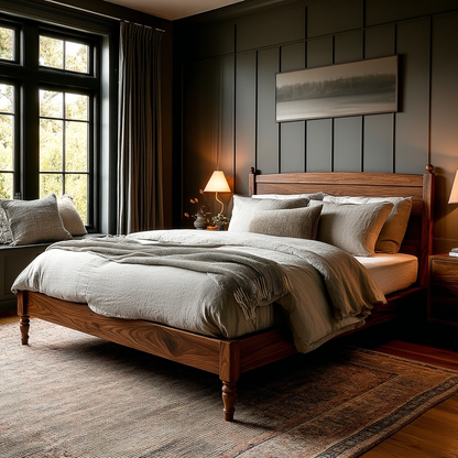 Cozy bedroom with wooden bed, soft lighting, and decorative elements.