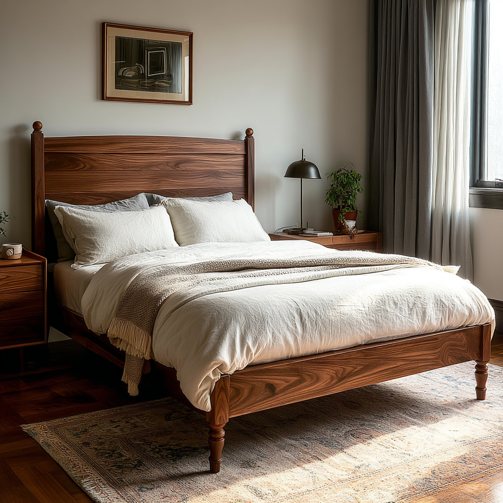 Wooden bed in a bedroom with a lamp and framed picture on the wall.