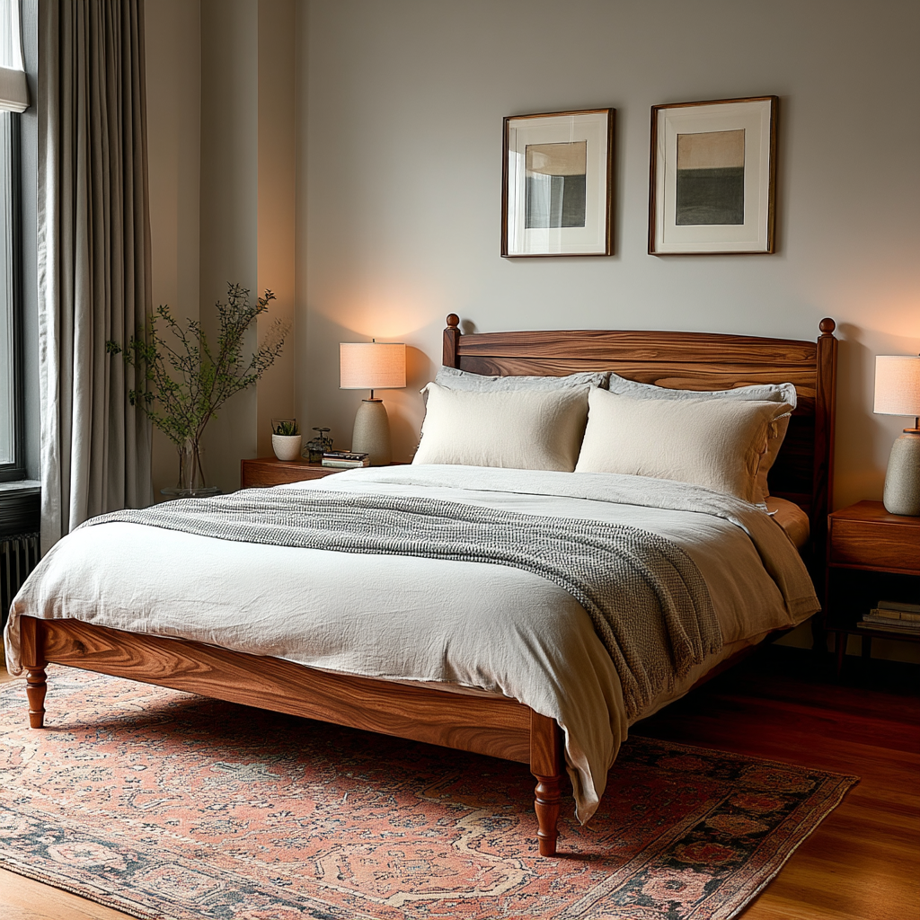 Bedroom with wooden bed, nightstands, and framed pictures on the wall.