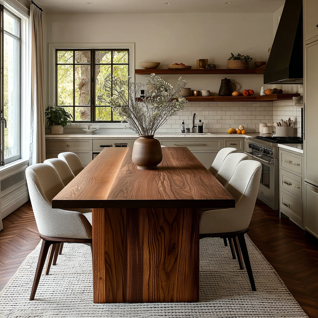 Modern kitchen with wooden dining table and chairs