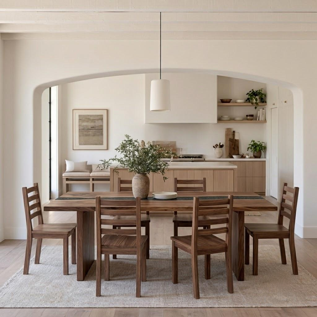 A dining room scene with a rectangular wooden table and six matching wooden chairs arranged on a light rug, set in an open-plan home with a kitchen visible through an arched opening.