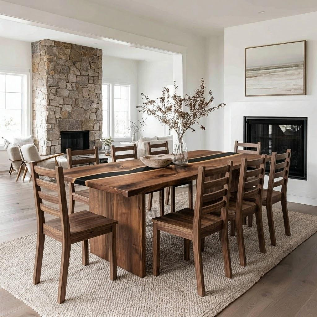 A dark brown wooden dining table with matching ladder-back chairs, set on a woven jute rug in a bright, modern dining room with stone and wood fireplaces.