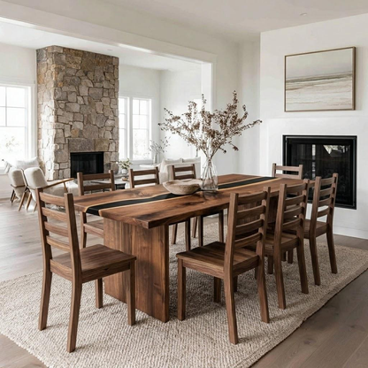 A dark brown wooden dining table with matching ladder-back chairs, set on a woven jute rug in a bright, modern dining room with stone and wood fireplaces.