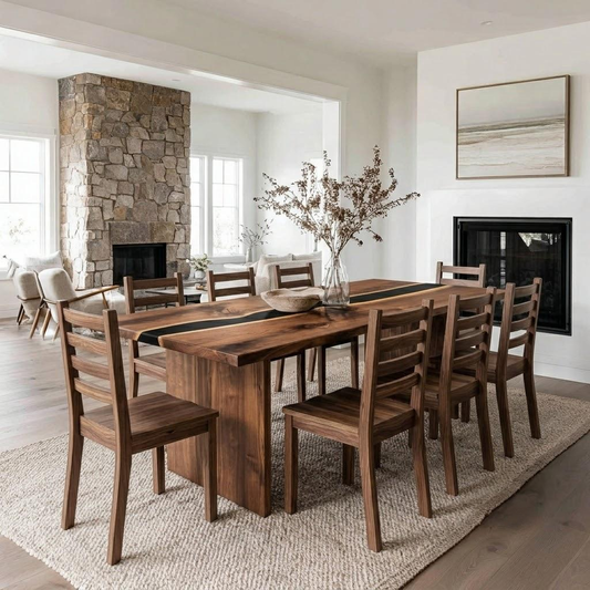 A dark brown wooden dining table with matching ladder-back chairs, set on a woven jute rug in a bright, modern dining room with stone and wood fireplaces.