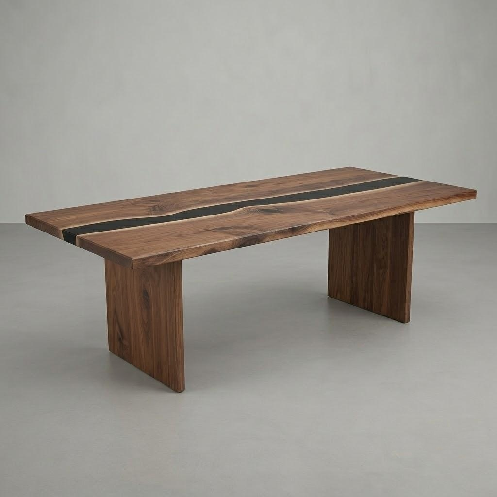 A modern rectangular wooden table with a live-edge design, featuring a dark brown wood grain top with a central black resin inlay, supported by two thick block legs, set against a neutral gray studio background.