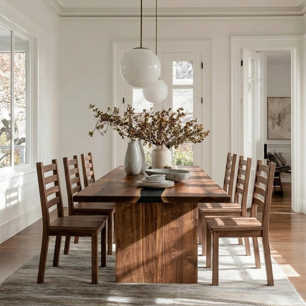 A dining room scene with a rectangular wooden dining table and matching wooden chairs, styled with white ceramic vases, plates, and a large floral arrangement. The room has white walls, tall windows, and a light rug on a hardwood floor.