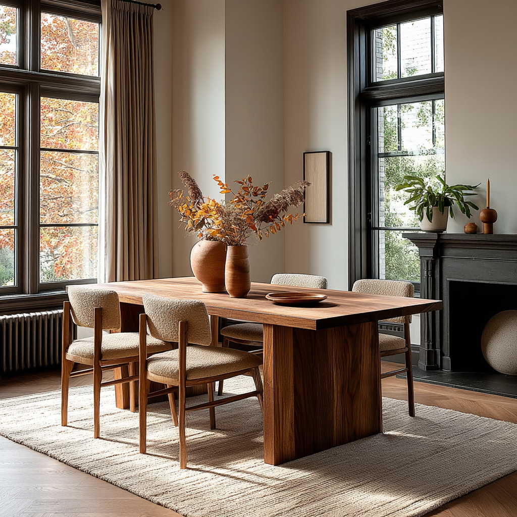 Dining room with wooden table and chairs, large windows, and a fireplace.