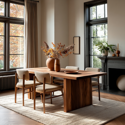 Dining room with wooden table and chairs, large windows, and a fireplace.