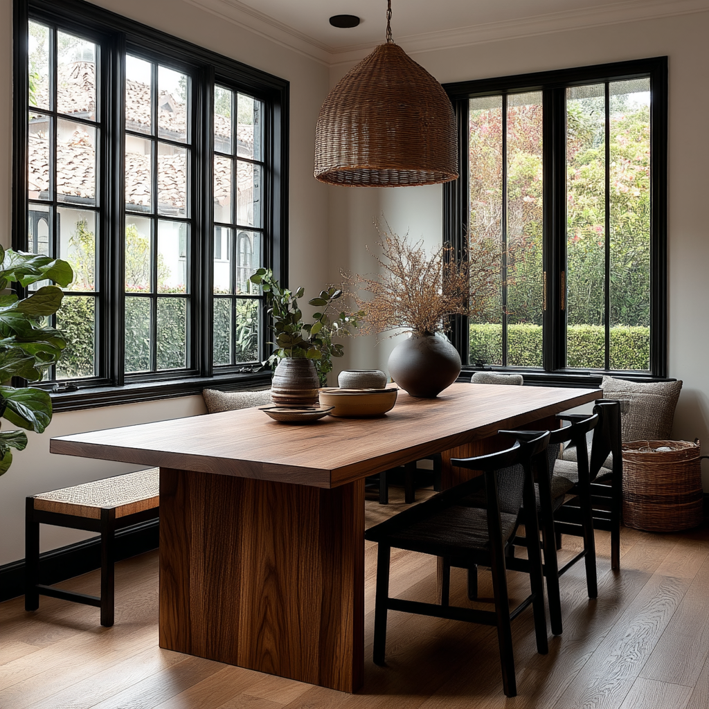 Dining room with wooden table, chairs, and large windows.