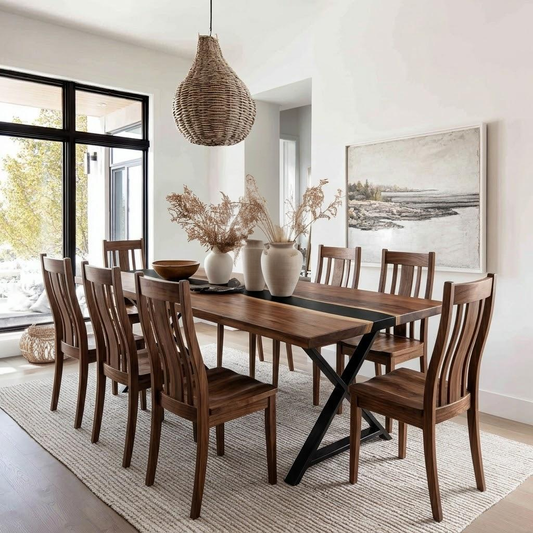 A dark wood dining table with matching slatted chairs, styled in a bright, modern dining room with a woven pendant light, neutral vases, and a large framed landscape print on the wall.