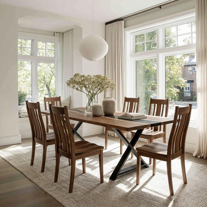 A dining room scene with a rectangular wooden dining table and six matching wooden chairs, styled with a vase of flowers, books, and a white pendant light in a bright room with large windows.