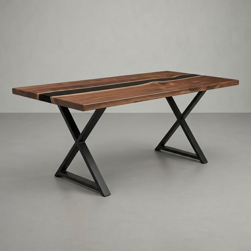 A rectangular wooden dining table with a dark brown finish and a black inlay running down the center, supported by black metal X-shaped legs, shown against a neutral gray studio background.
