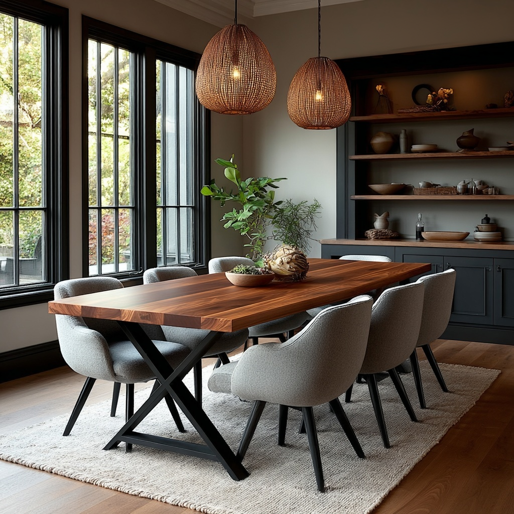 Modern dining room with wooden table and gray chairs near large windows.