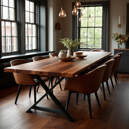 Dining room with a wooden table and chairs near large windows.