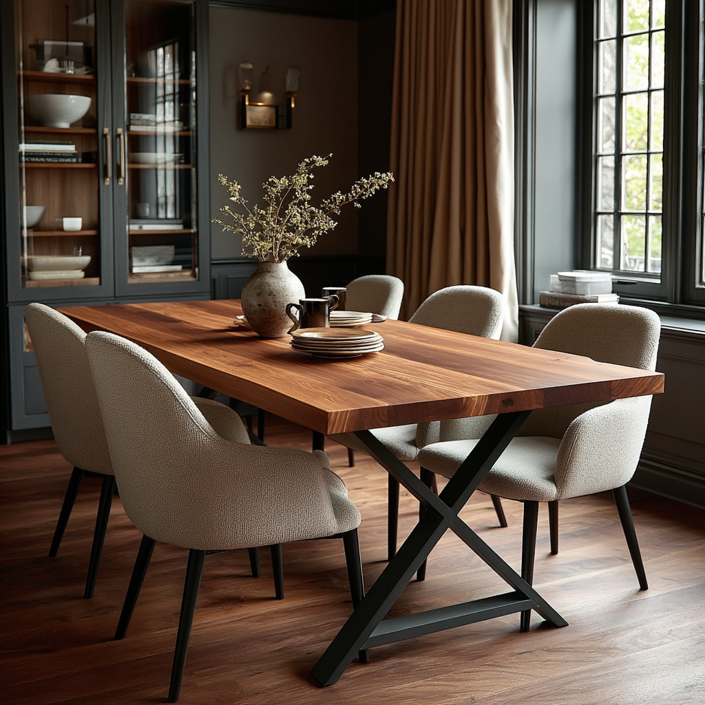 Dining room with a wooden table and chairs in a well-lit room.