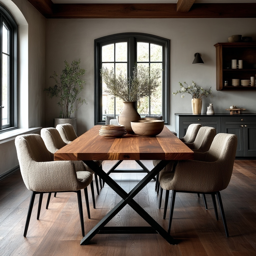Dining room with wooden table and chairs near large windows.