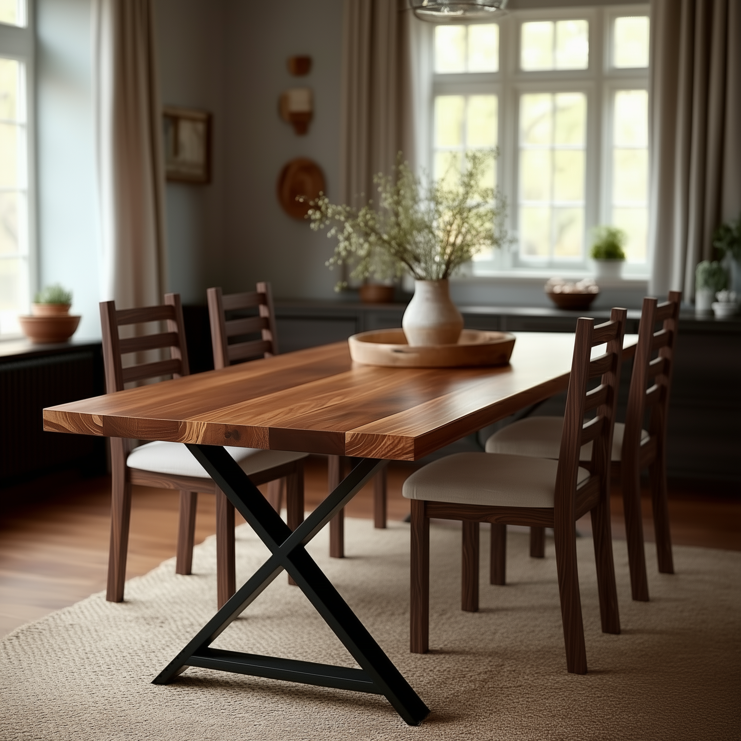 Dining room with wooden table and chairs in a well-lit room.