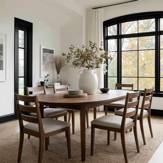 Dining room with wooden table and chairs, large window, and decorative elements.