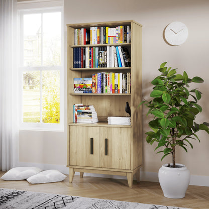 Oak Bookcase in a living room with bright lighting, a rug, a small tree, and an open window