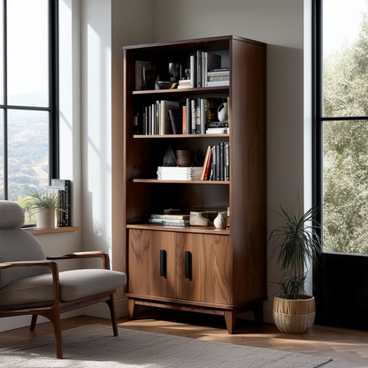 Wooden bookshelf with books and decor in a room with large windows.