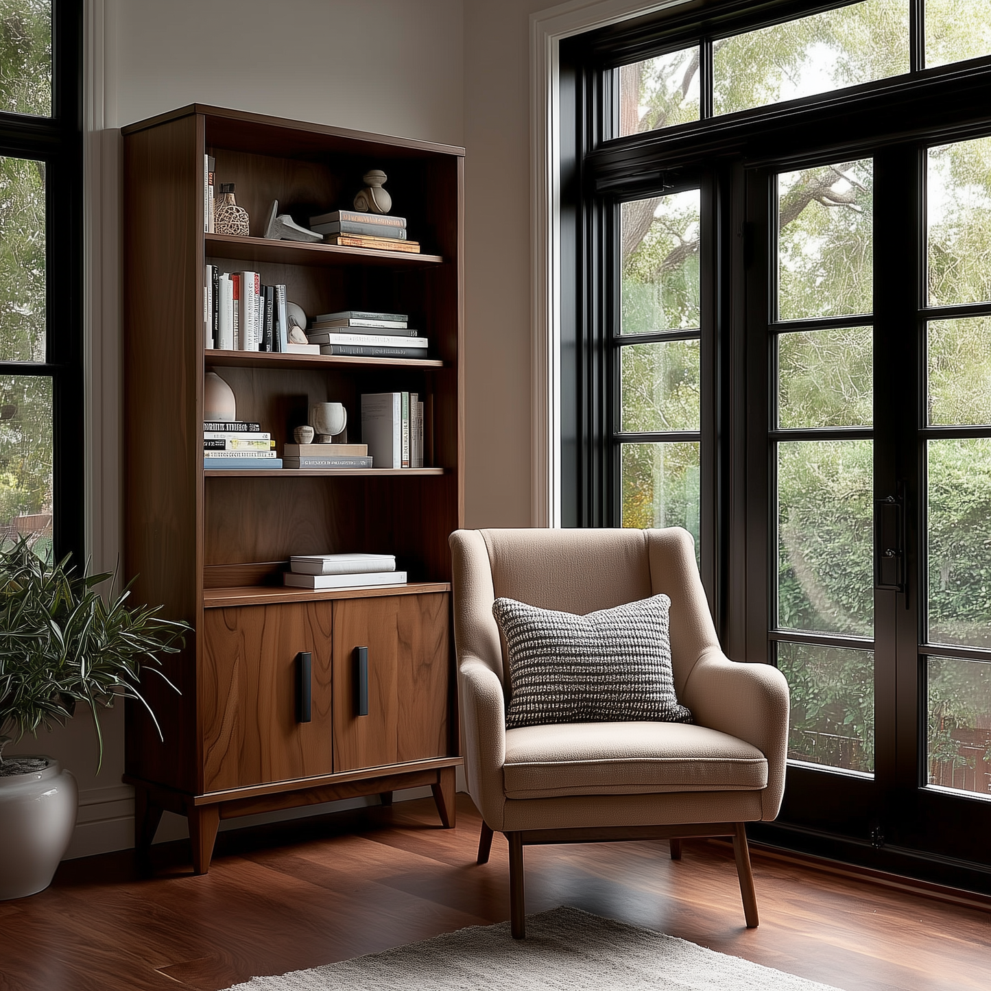 Beige armchair with a patterned pillow next to a wooden bookshelf in a room with large windows.