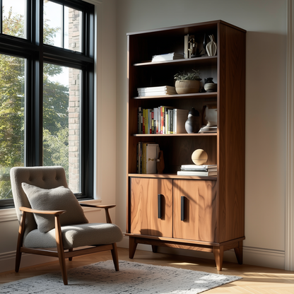 Wooden bookshelf with decorative items next to a chair in a room with large windows.