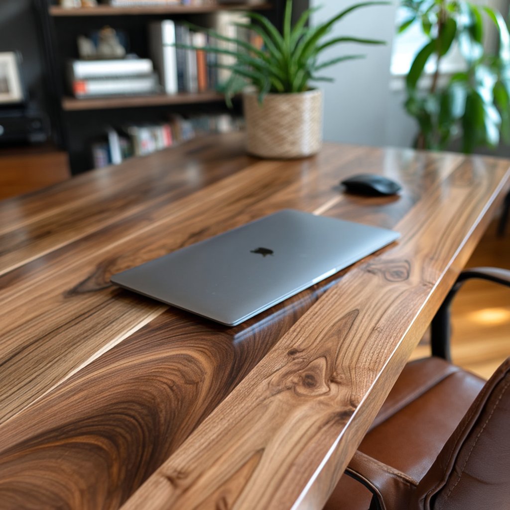 Top down view of a walnut desk top
