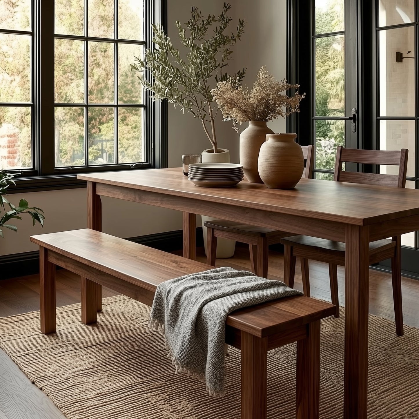 Wooden dining table with chairs and a bench in a room with large windows.